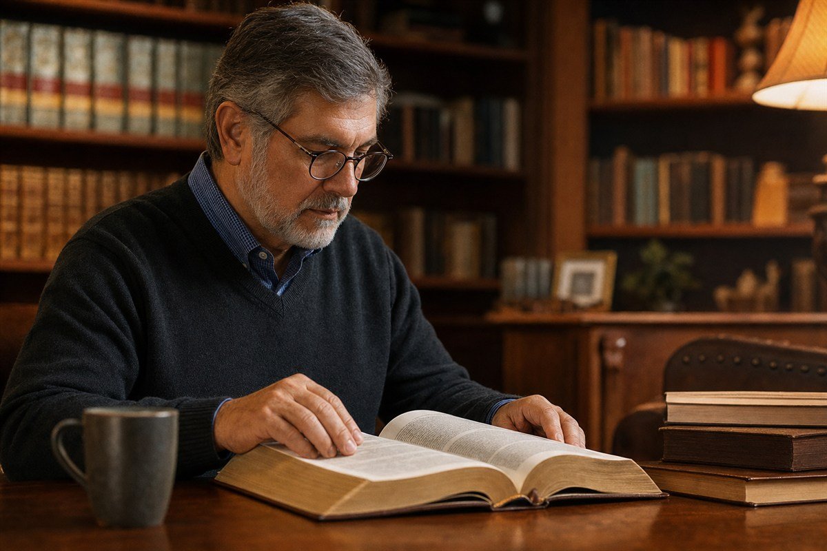 Leitor maduro consultando uma Bíblia aberta em uma biblioteca doméstica