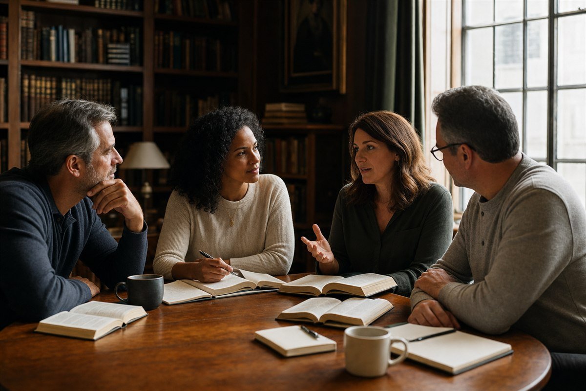 Grupo de adultos em uma conversa literária ao redor de uma mesa