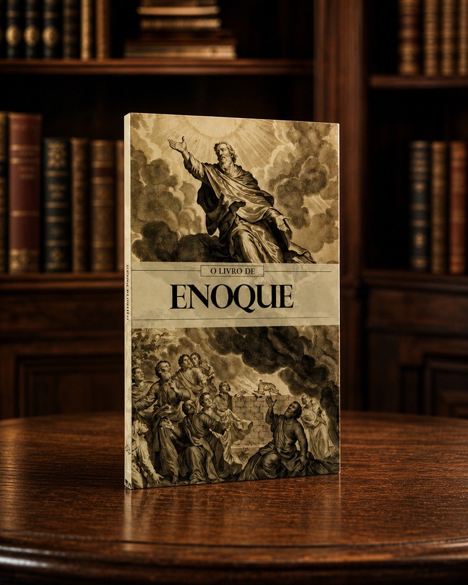 O Livro de Enoque fotografado como peça central de uma biblioteca clássica